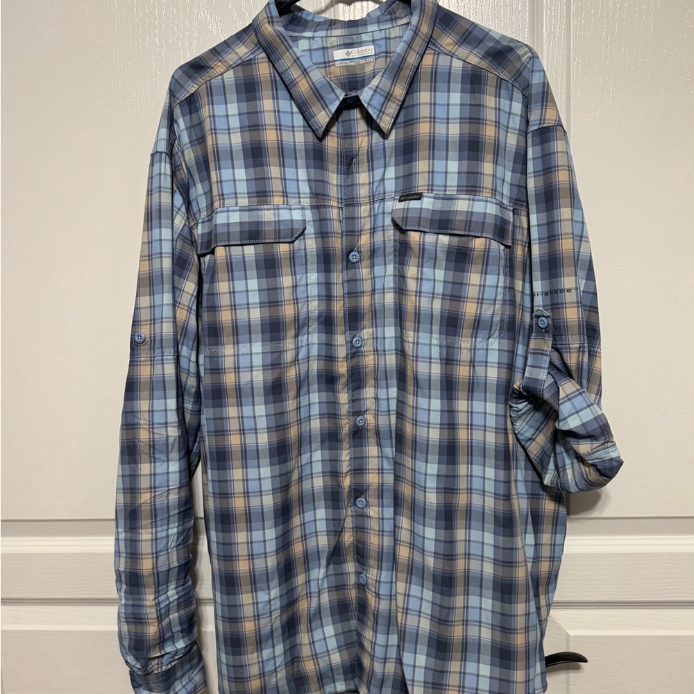 Columbia Blue and Tan Plaid Button-Down Shirt